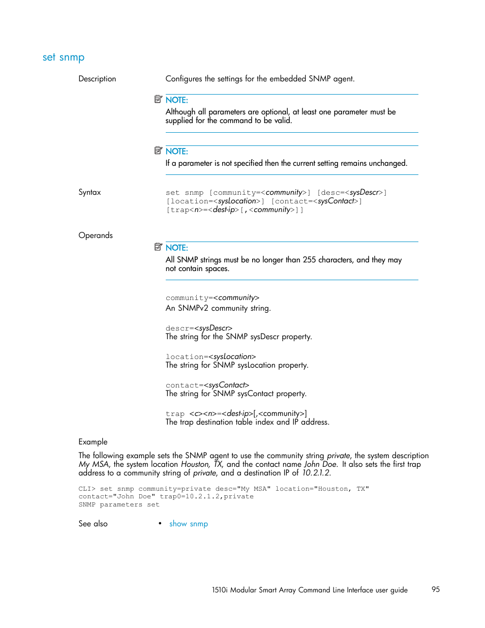 Set snmp | HP StorageWorks 1510i Modular Smart Array User Manual | Page 95 / 154