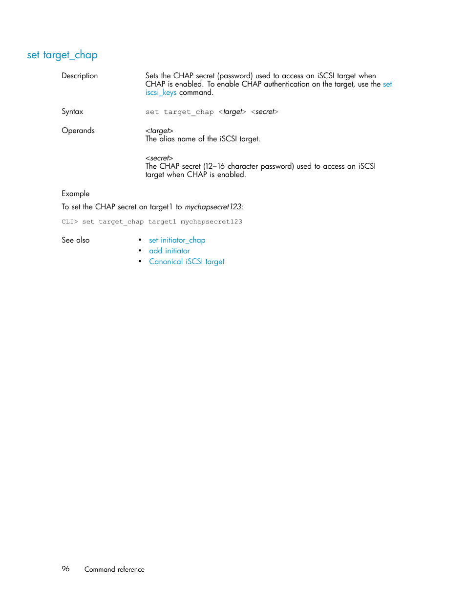 Set target_chap, Target_chap | HP StorageWorks 1510i Modular Smart Array User Manual | Page 96 / 154