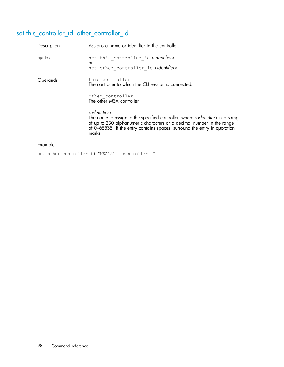 Set this_controller_id|other_controller_id, Set this_controller_id | HP StorageWorks 1510i Modular Smart Array User Manual | Page 98 / 154