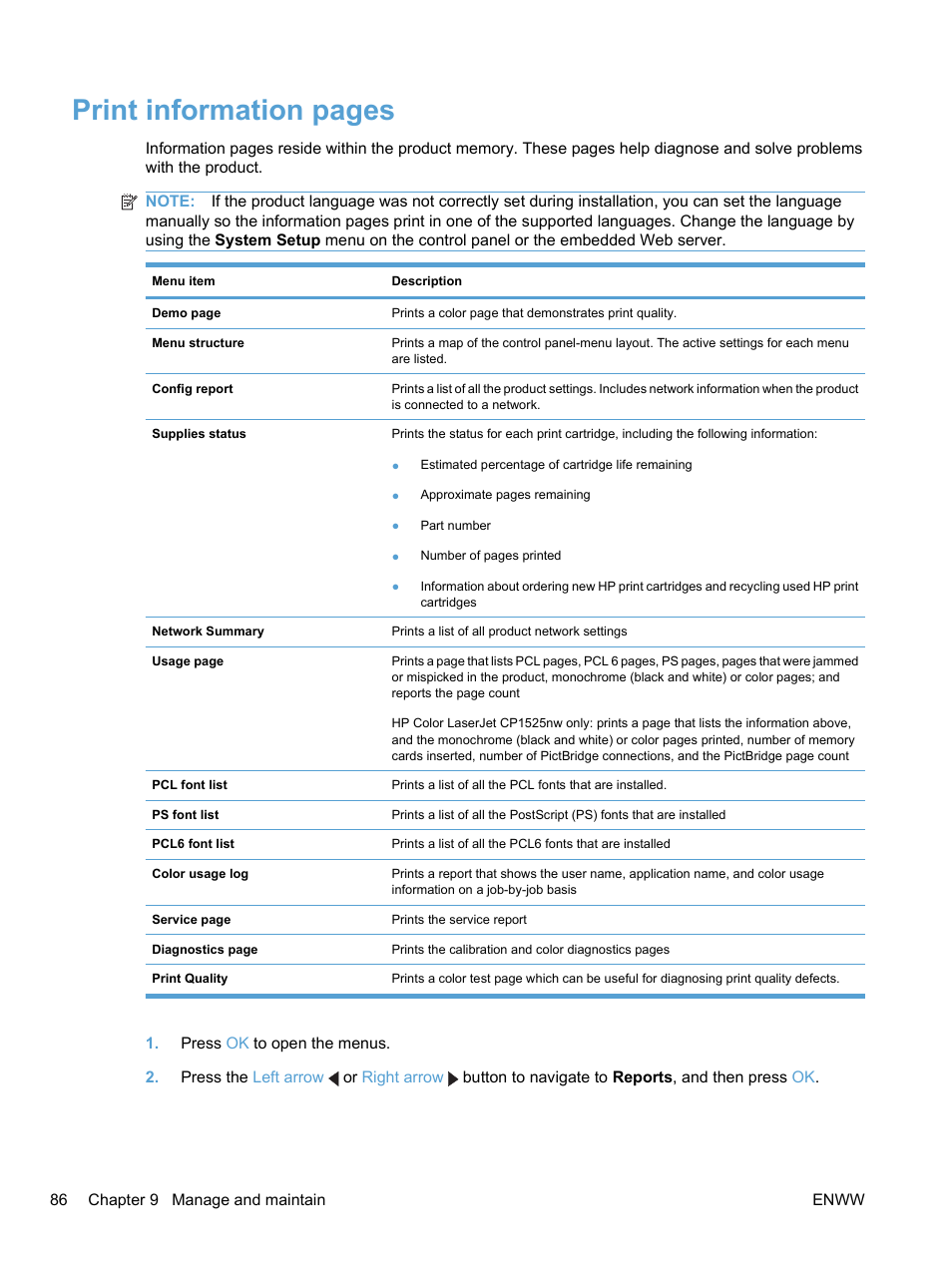 Print information pages | HP LaserJet Pro CP1525nw Color Printer User Manual | Page 100 / 202