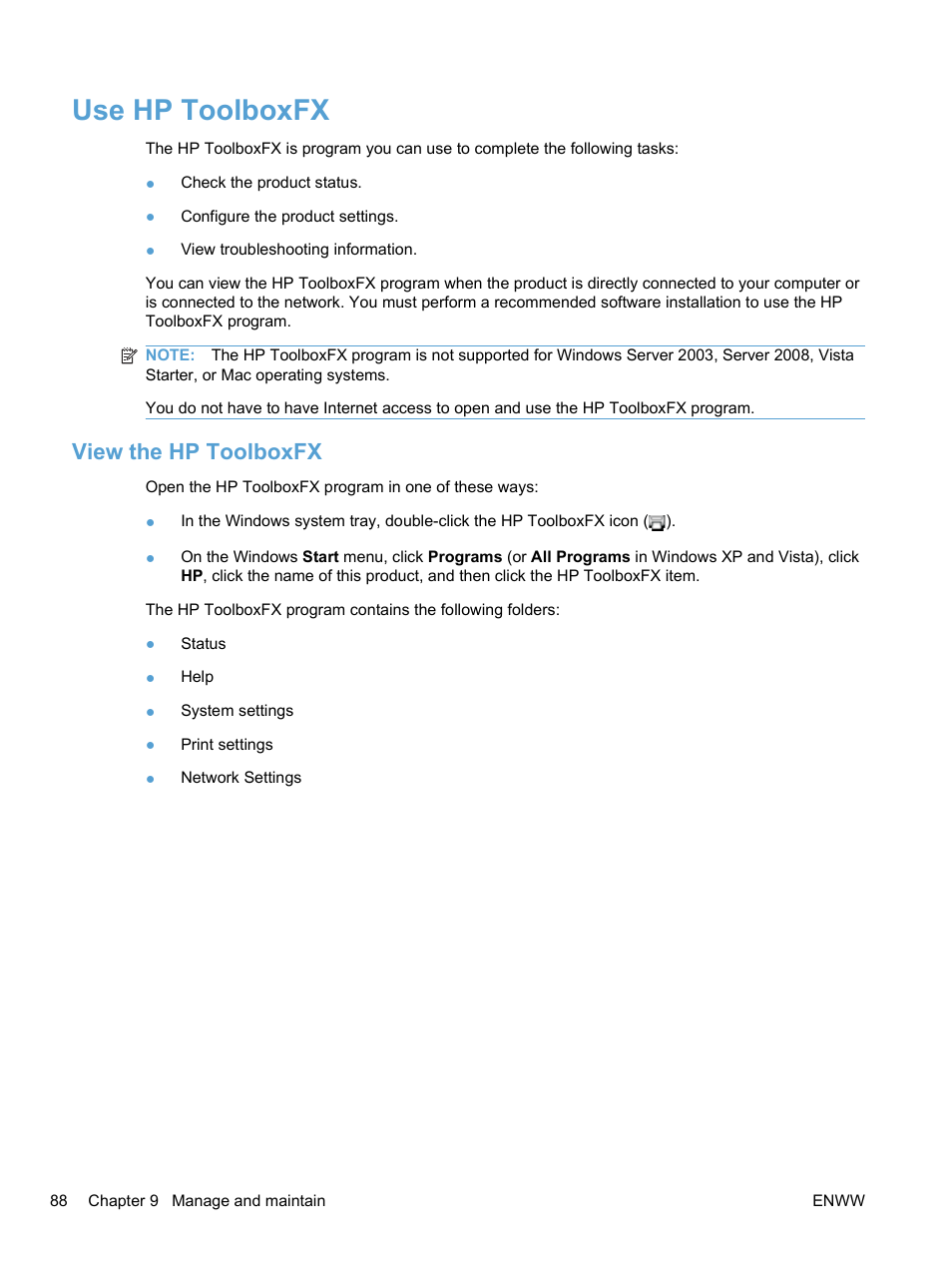 Use hp toolboxfx, View the hp toolboxfx | HP LaserJet Pro CP1525nw Color Printer User Manual | Page 102 / 202