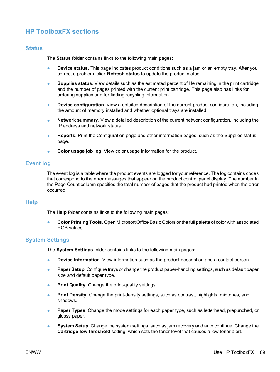 Hp toolboxfx sections, Status, Event log | Help, System settings, Status event log help system settings | HP LaserJet Pro CP1525nw Color Printer User Manual | Page 103 / 202