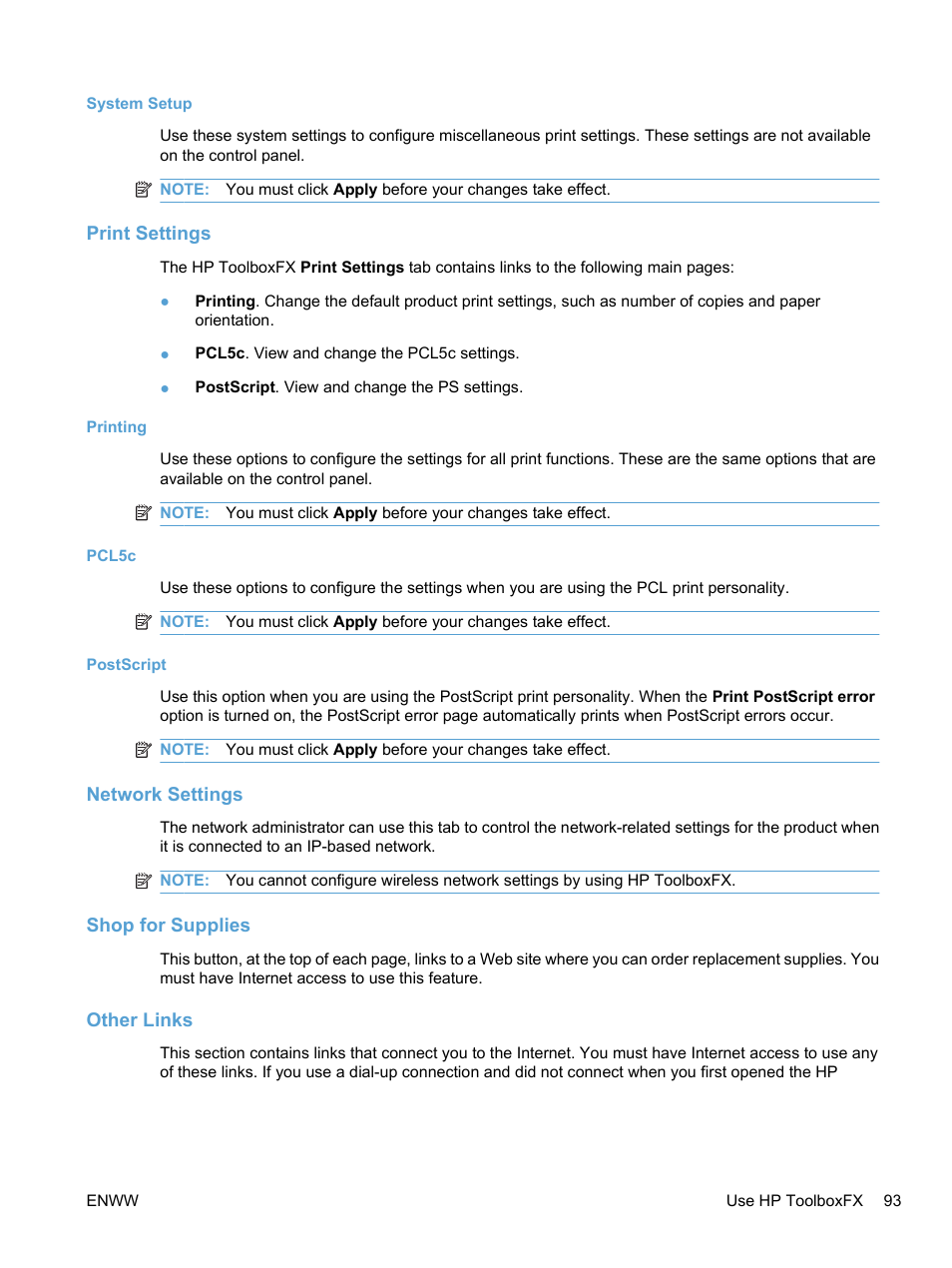 System setup, Print settings, Printing | Pcl5c, Postscript, Network settings, Shop for supplies, Other links, Printing pcl5c postscript, Network settings shop for supplies other links | HP LaserJet Pro CP1525nw Color Printer User Manual | Page 107 / 202