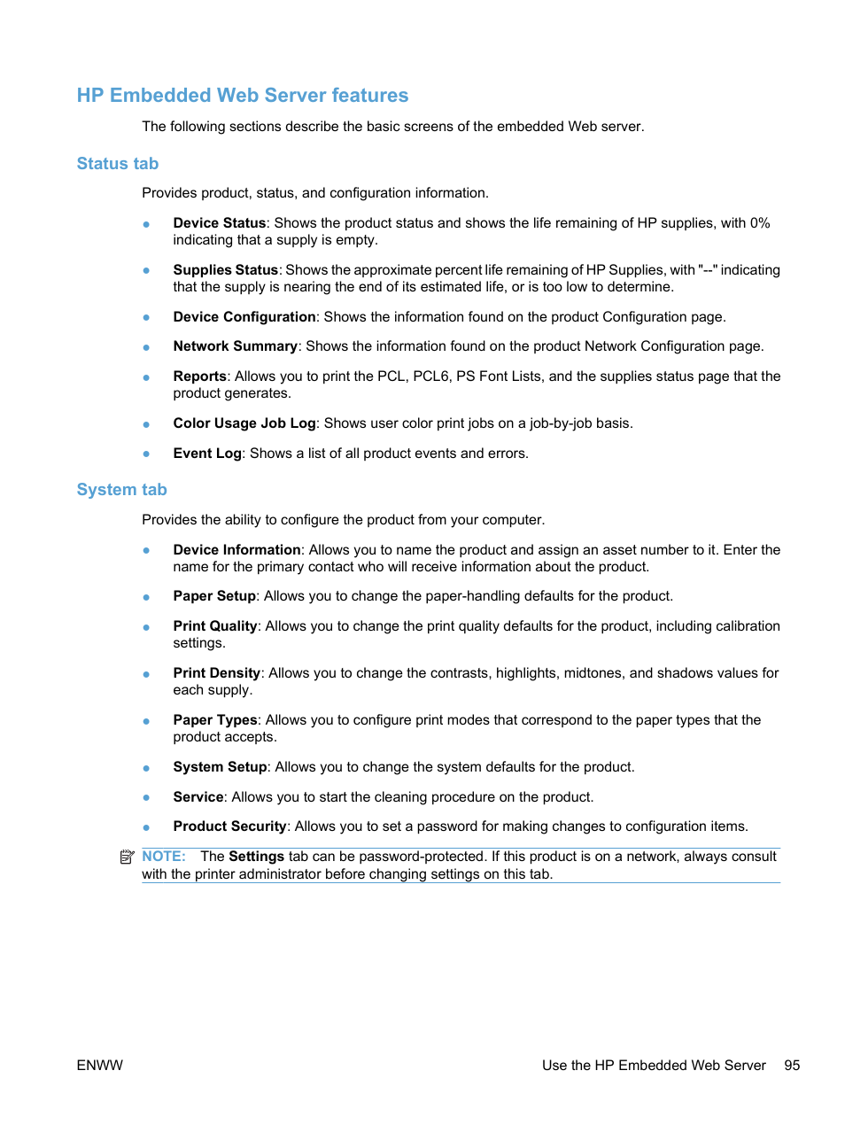 Hp embedded web server features, Status tab, System tab | Status tab system tab | HP LaserJet Pro CP1525nw Color Printer User Manual | Page 109 / 202