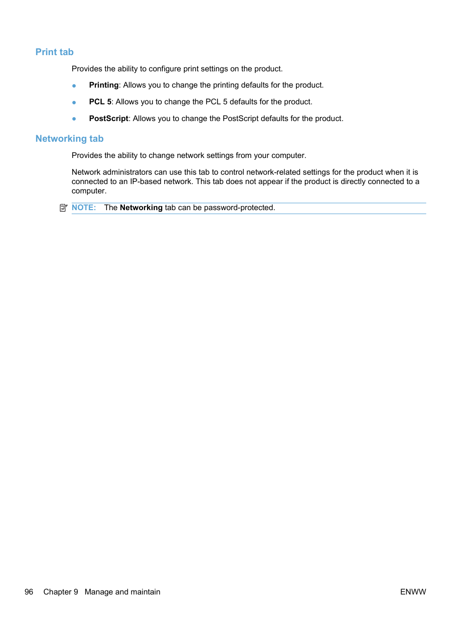 Print tab, Networking tab, Print tab networking tab | HP LaserJet Pro CP1525nw Color Printer User Manual | Page 110 / 202