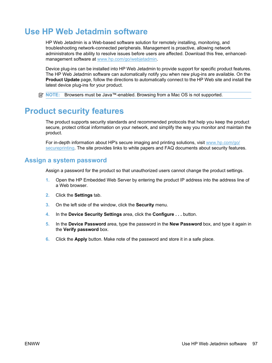 Use hp web jetadmin software, Product security features, Assign a system password | HP LaserJet Pro CP1525nw Color Printer User Manual | Page 111 / 202