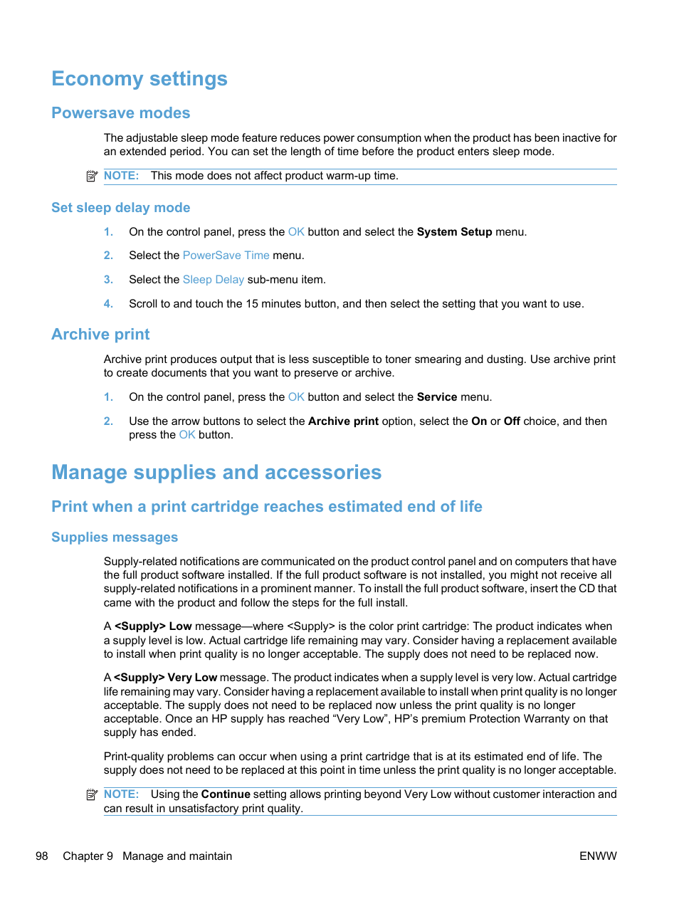 Economy settings, Powersave modes, Set sleep delay mode | Archive print, Manage supplies and accessories, Supplies messages | HP LaserJet Pro CP1525nw Color Printer User Manual | Page 112 / 202