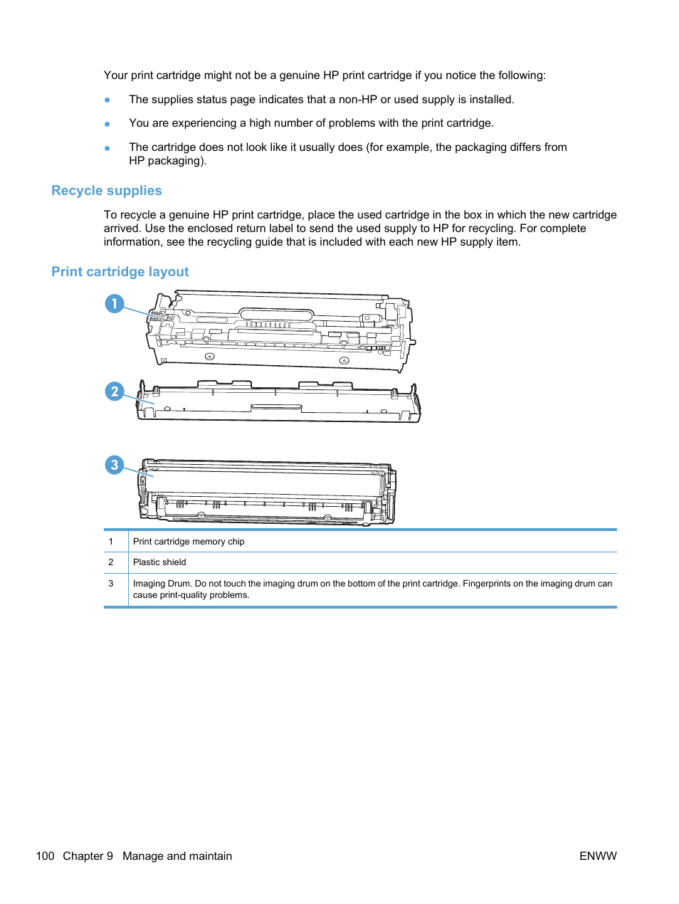 Recycle supplies, Print cartridge layout, Recycle supplies print cartridge layout | HP LaserJet Pro CP1525nw Color Printer User Manual | Page 114 / 202