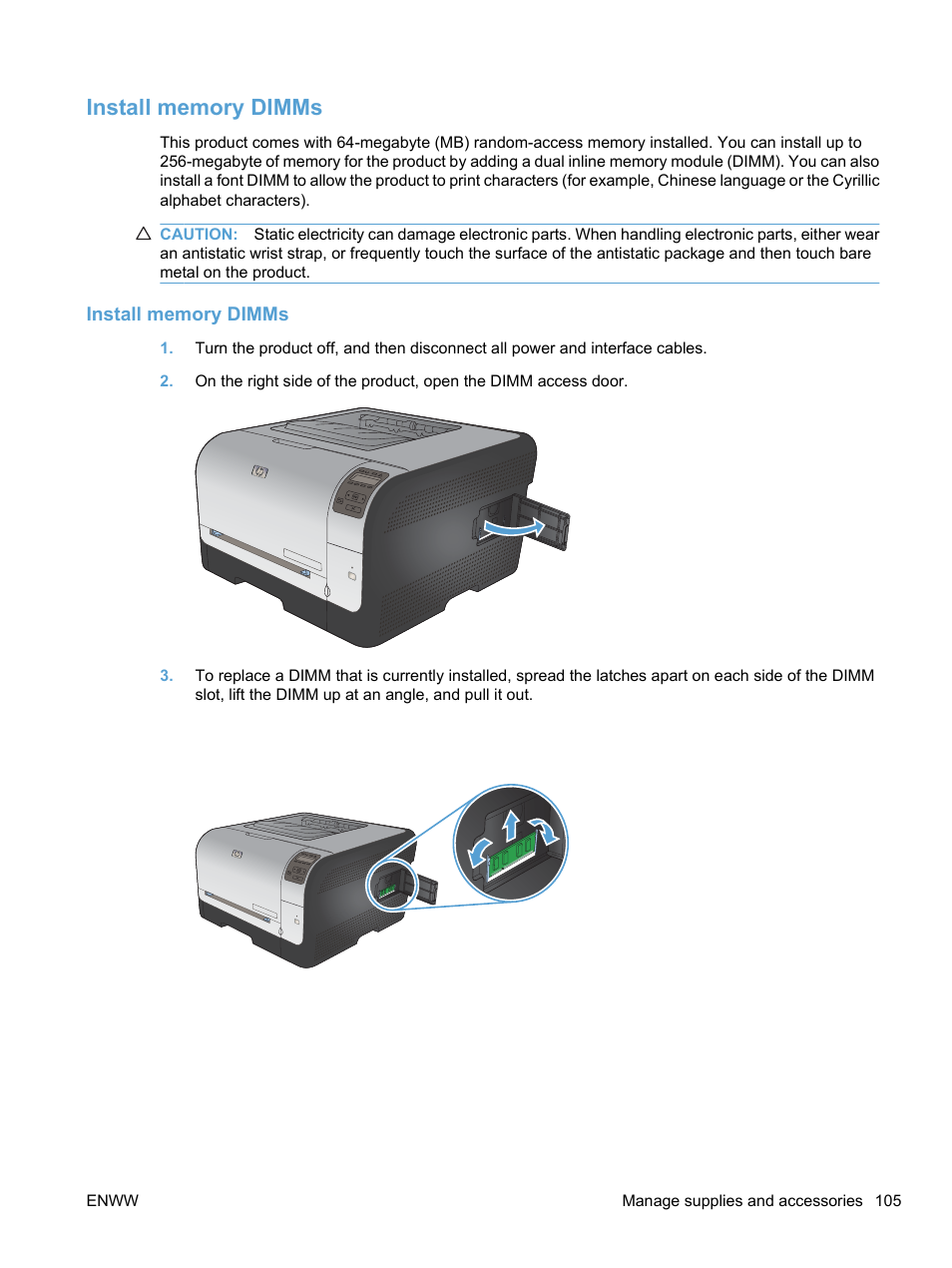 Install memory dimms | HP LaserJet Pro CP1525nw Color Printer User Manual | Page 119 / 202