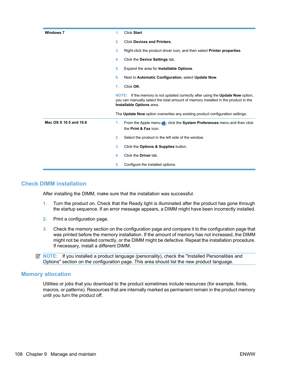 Check dimm installation, Memory allocation, Check dimm installation memory allocation | HP LaserJet Pro CP1525nw Color Printer User Manual | Page 122 / 202