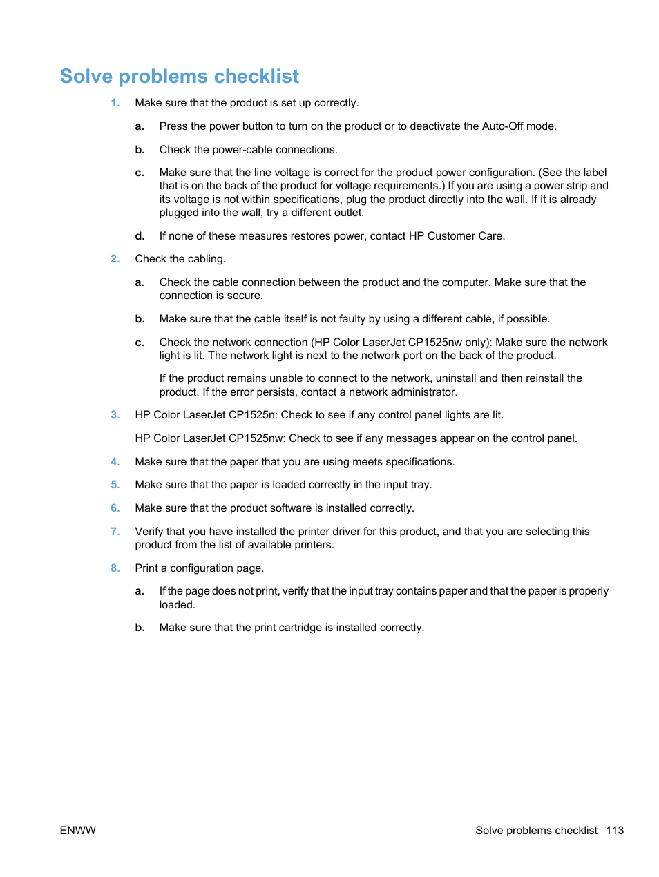 Solve problems checklist | HP LaserJet Pro CP1525nw Color Printer User Manual | Page 127 / 202