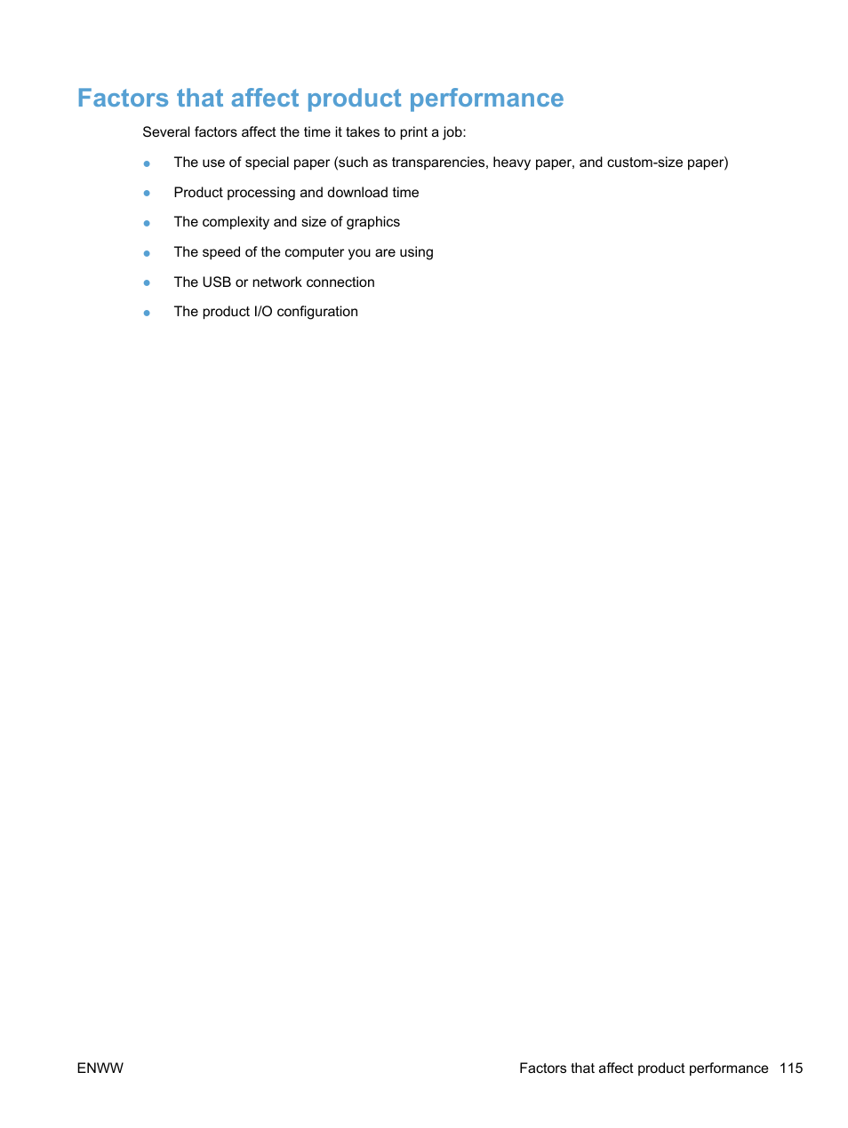 Factors that affect product performance | HP LaserJet Pro CP1525nw Color Printer User Manual | Page 129 / 202