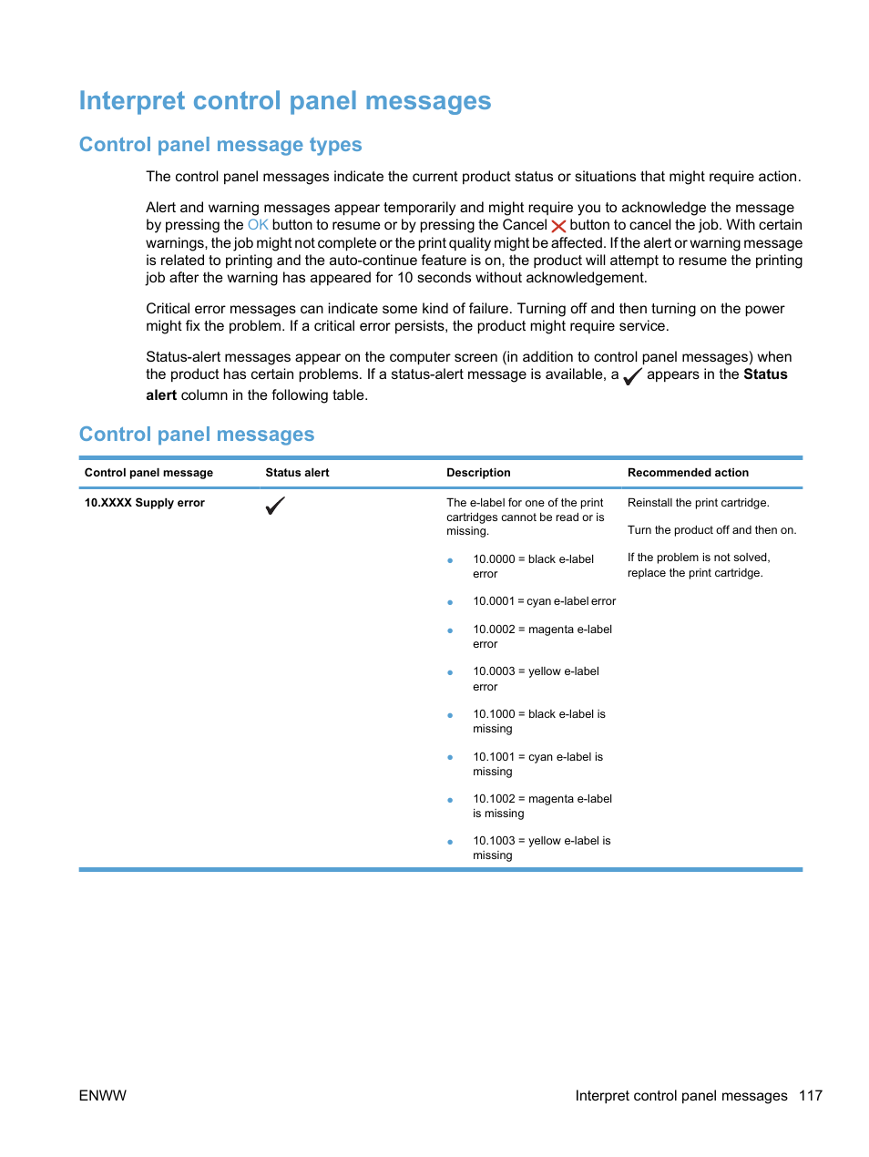 Interpret control panel messages, Control panel message types, Control panel messages | Control panel message types control panel messages | HP LaserJet Pro CP1525nw Color Printer User Manual | Page 131 / 202