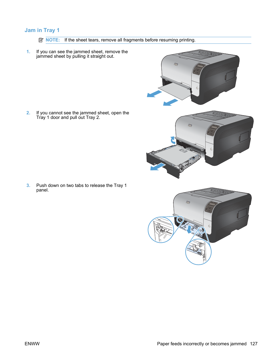 Jam in tray 1 | HP LaserJet Pro CP1525nw Color Printer User Manual | Page 141 / 202