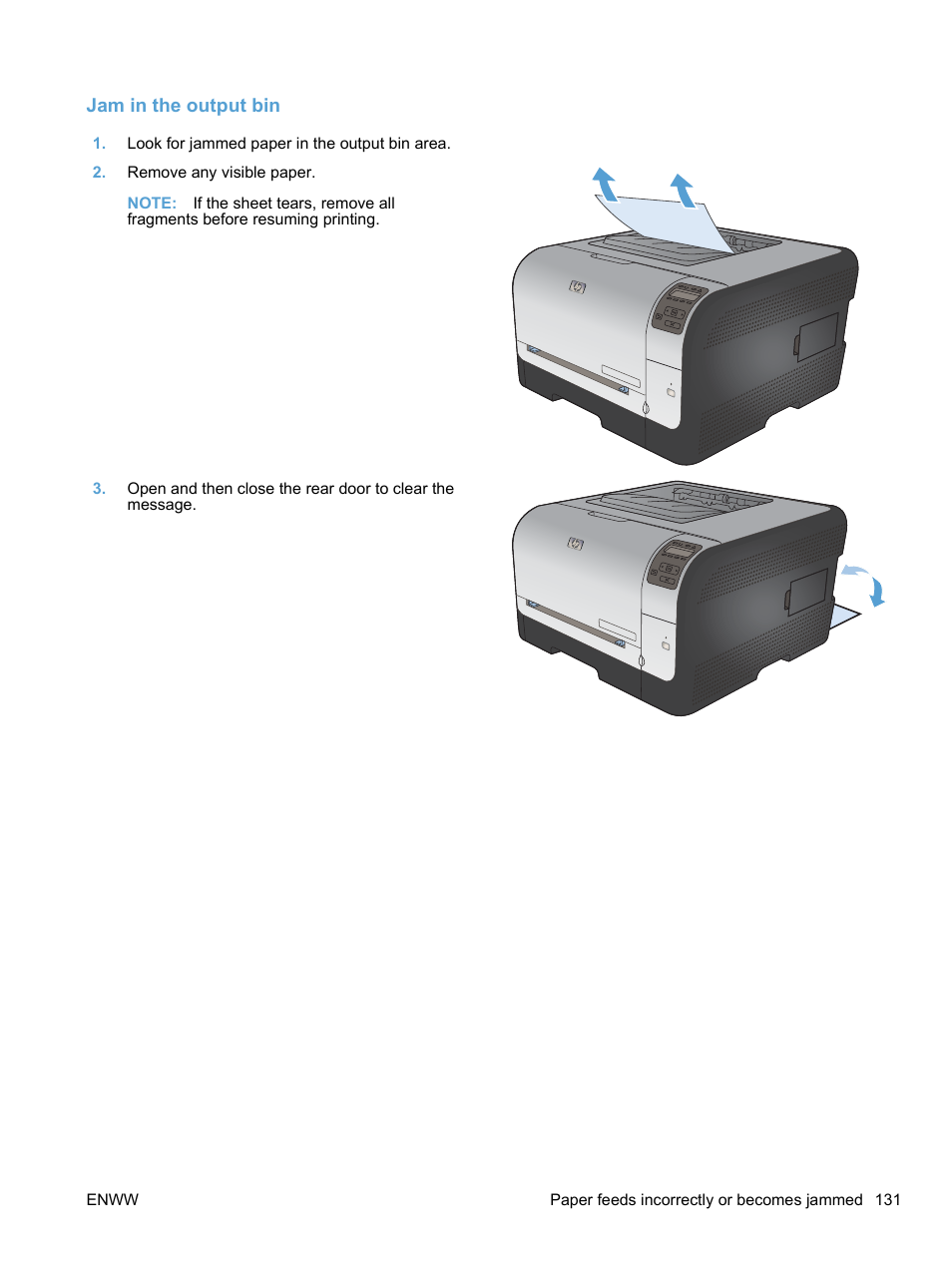 Jam in the output bin | HP LaserJet Pro CP1525nw Color Printer User Manual | Page 145 / 202