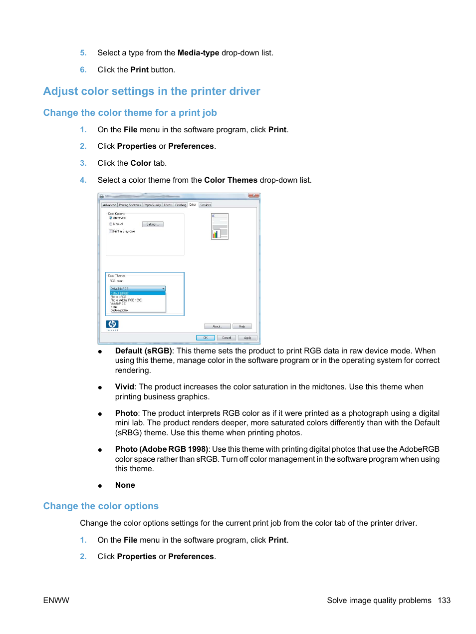 Adjust color settings in the printer driver, Change the color theme for a print job, Change the color options | HP LaserJet Pro CP1525nw Color Printer User Manual | Page 147 / 202