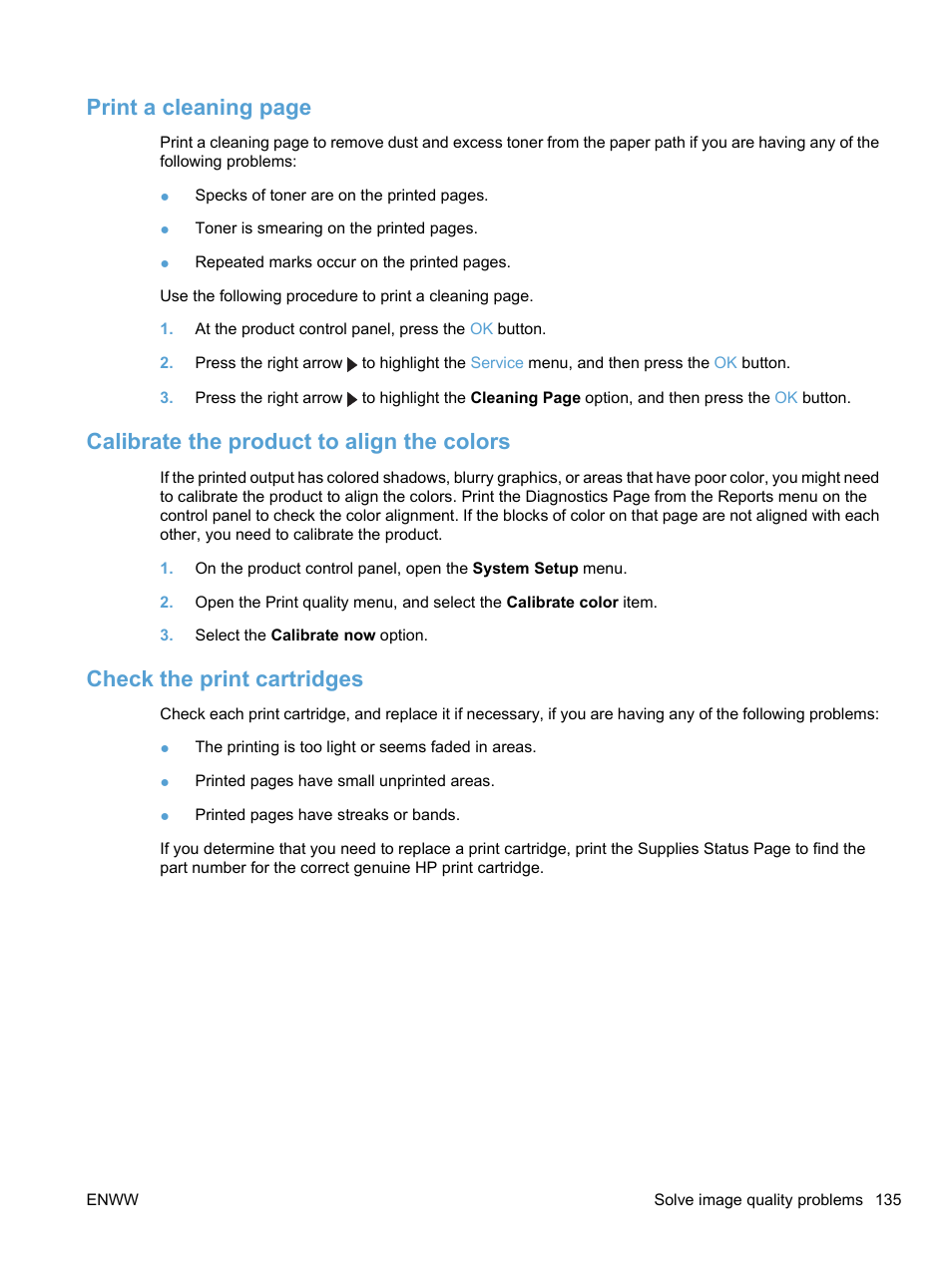 Calibrate the product to align the colors, Check the print cartridges, Print a cleaning page | HP LaserJet Pro CP1525nw Color Printer User Manual | Page 149 / 202