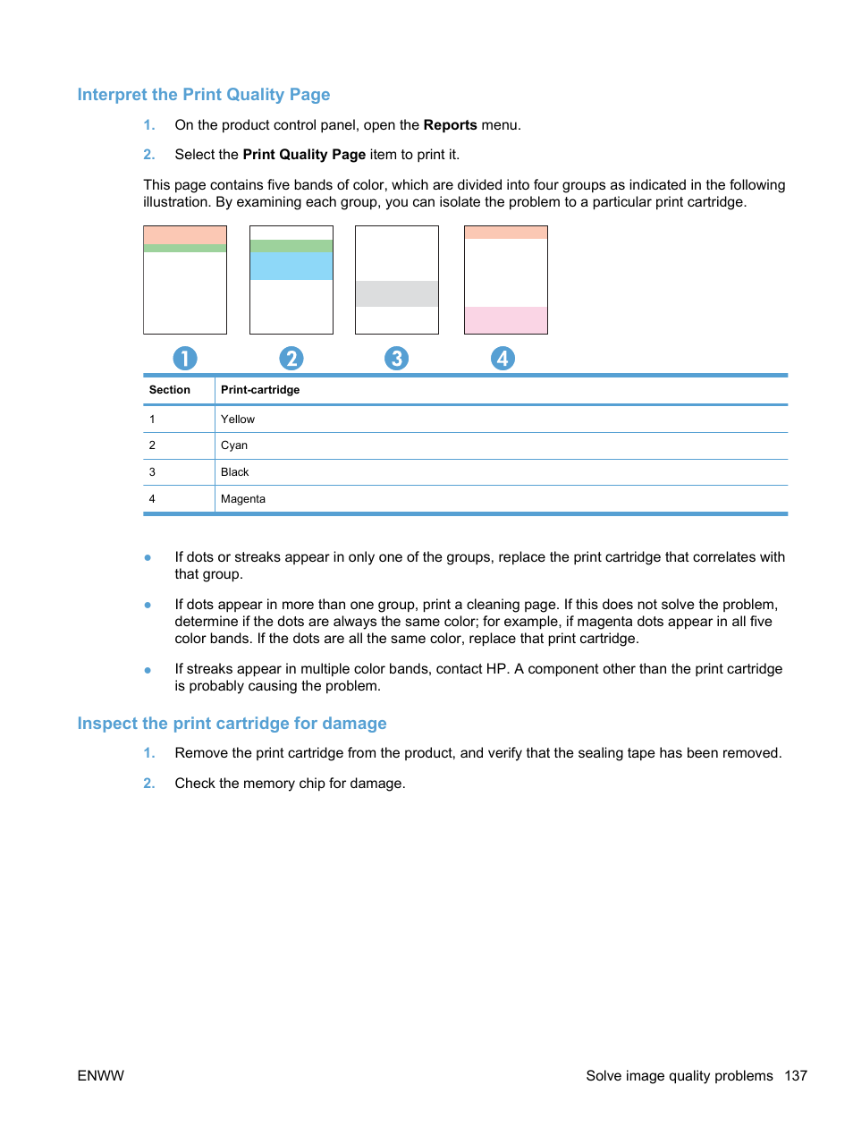 Inspect the print cartridge for damage, Interpret the print quality page | HP LaserJet Pro CP1525nw Color Printer User Manual | Page 151 / 202