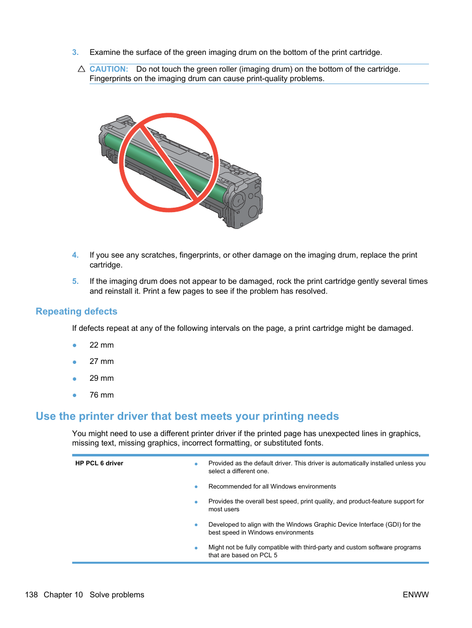 Repeating defects | HP LaserJet Pro CP1525nw Color Printer User Manual | Page 152 / 202