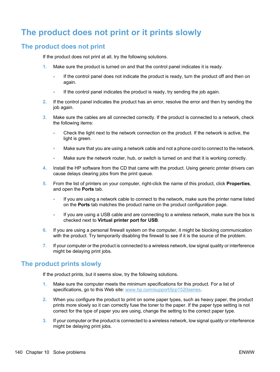 The product does not print or it prints slowly, The product does not print, The product prints slowly | HP LaserJet Pro CP1525nw Color Printer User Manual | Page 154 / 202