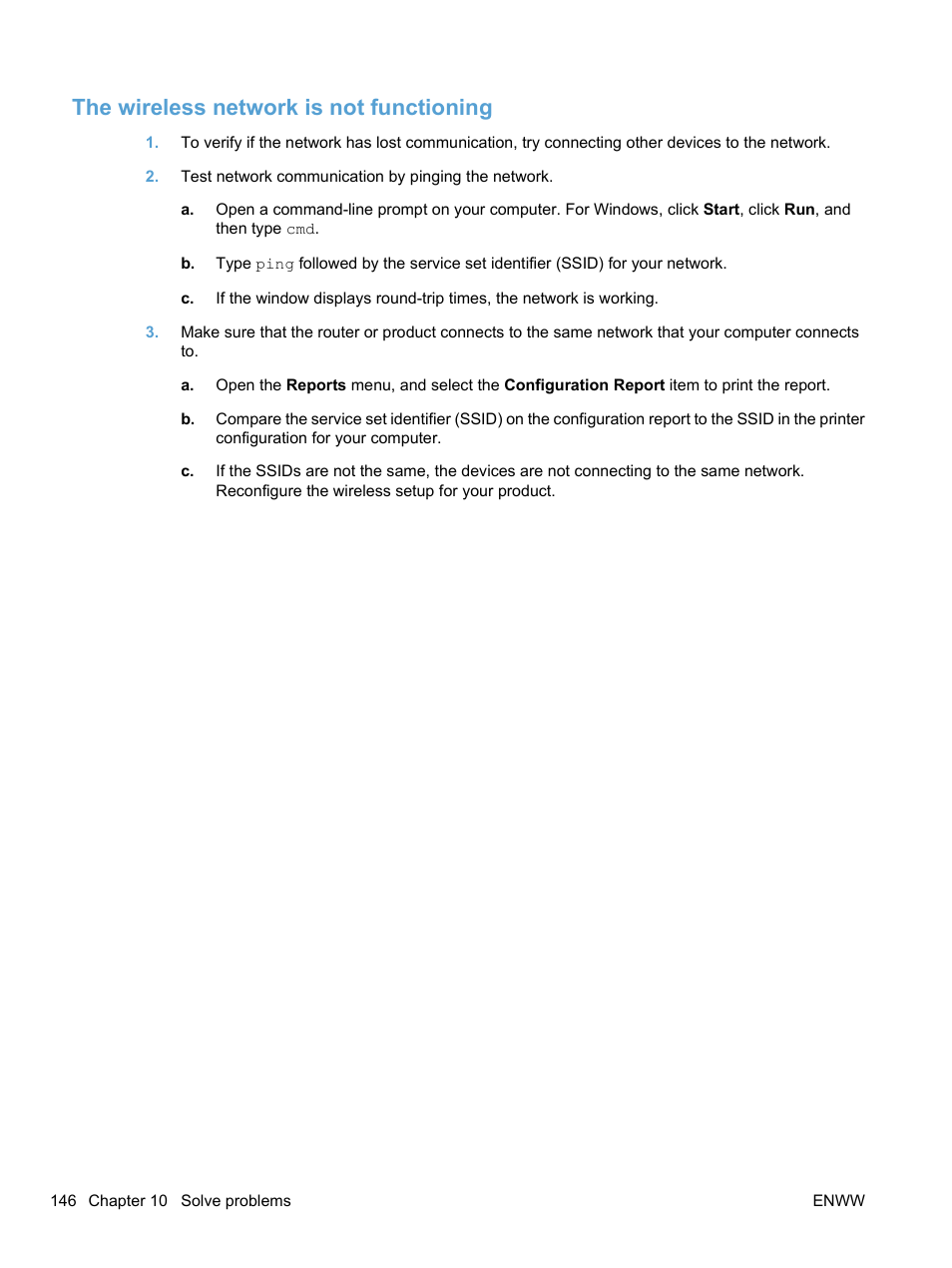 The wireless network is not functioning | HP LaserJet Pro CP1525nw Color Printer User Manual | Page 160 / 202