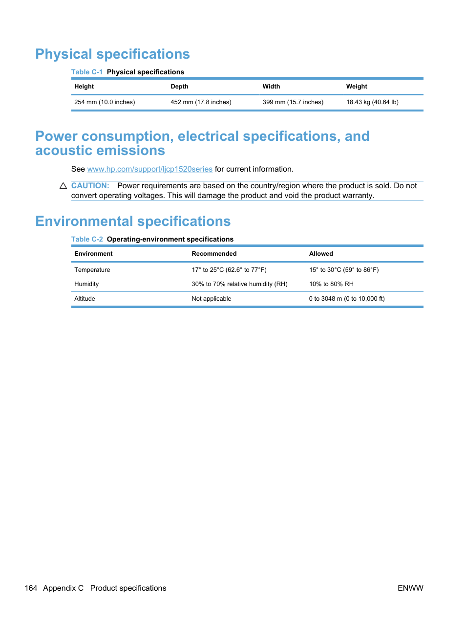 Physical specifications, Environmental specifications | HP LaserJet Pro CP1525nw Color Printer User Manual | Page 178 / 202