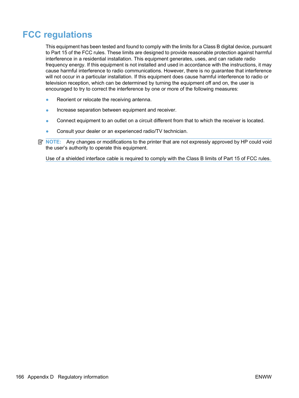 Fcc regulations | HP LaserJet Pro CP1525nw Color Printer User Manual | Page 180 / 202