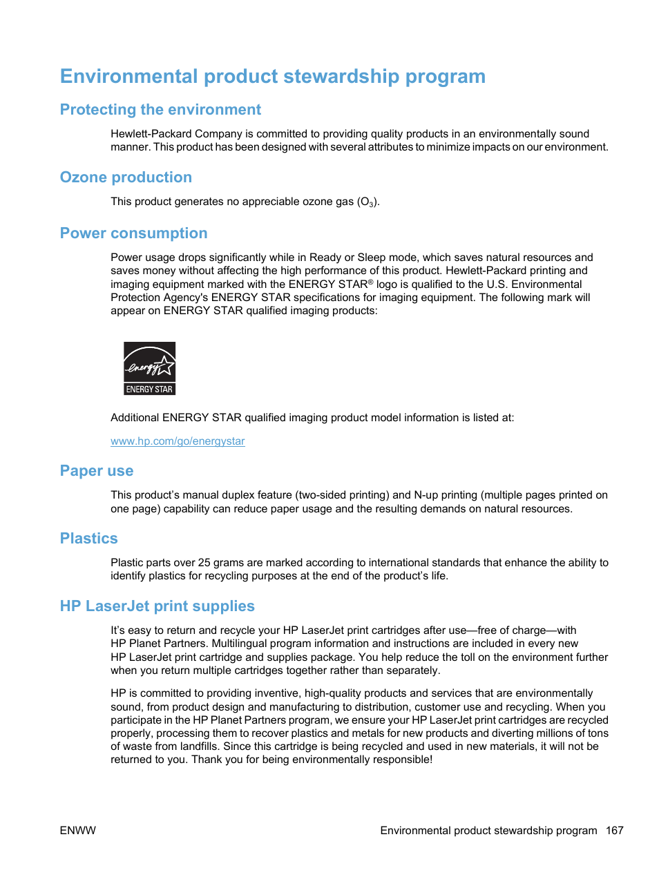 Environmental product stewardship program, Protecting the environment, Ozone production | Power consumption, Paper use, Plastics, Hp laserjet print supplies, Protecting the environment ozone production | HP LaserJet Pro CP1525nw Color Printer User Manual | Page 181 / 202