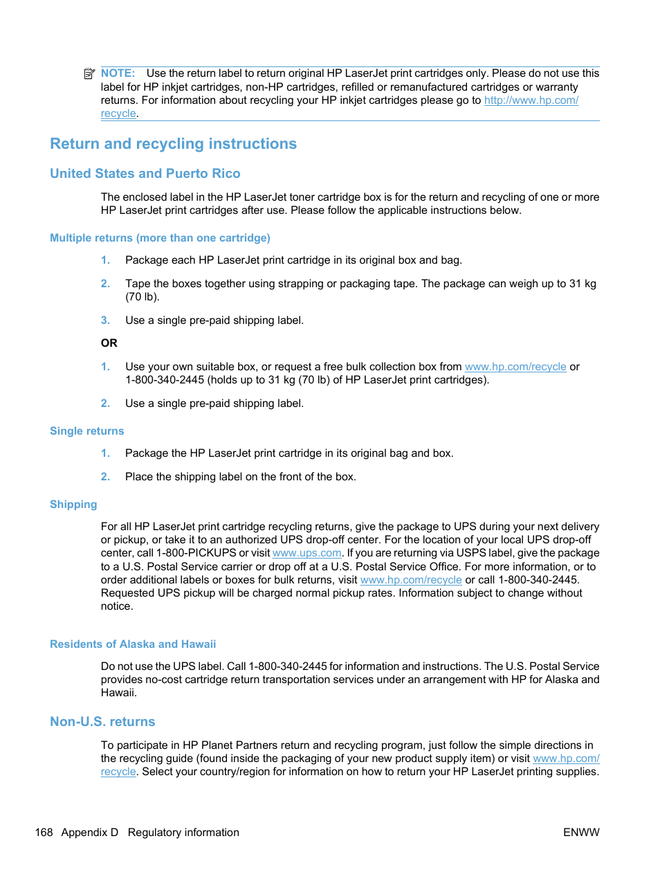 Return and recycling instructions, United states and puerto rico, Multiple returns (more than one cartridge) | Single returns, Shipping, Residents of alaska and hawaii, Non-u.s. returns | HP LaserJet Pro CP1525nw Color Printer User Manual | Page 182 / 202