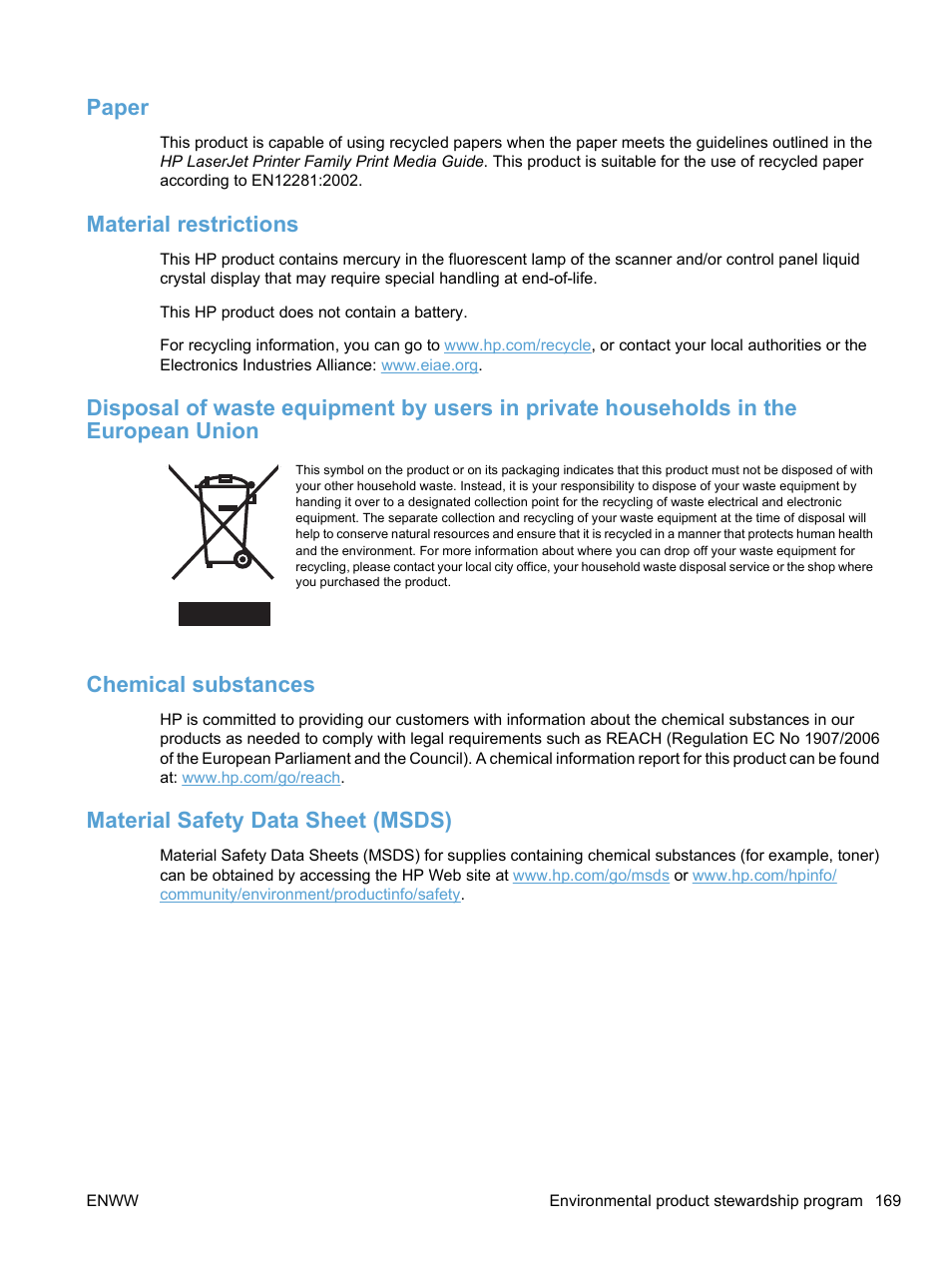 Paper, Material restrictions, Chemical substances | Material safety data sheet (msds) | HP LaserJet Pro CP1525nw Color Printer User Manual | Page 183 / 202