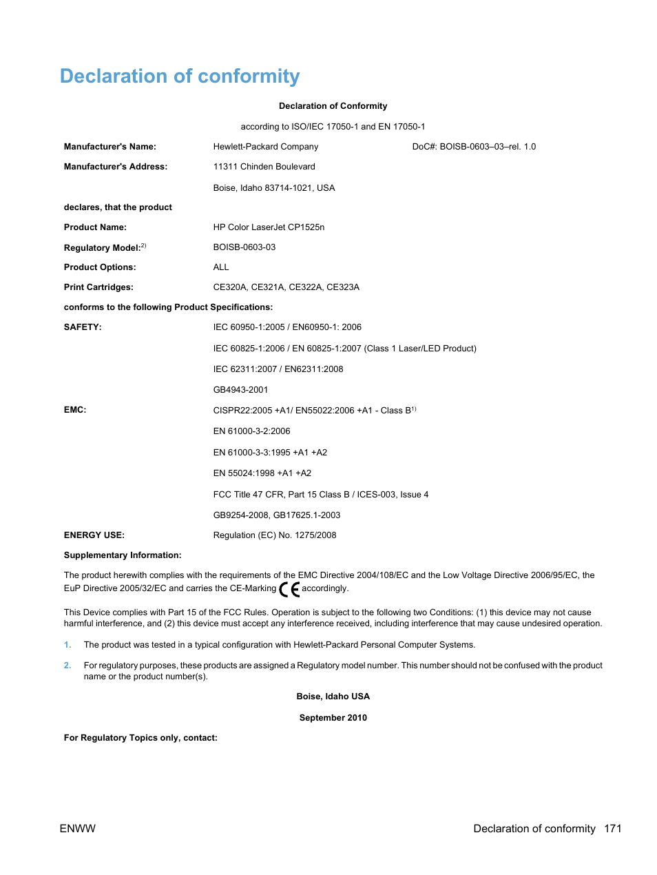 Declaration of conformity, Enww declaration of conformity 171 | HP LaserJet Pro CP1525nw Color Printer User Manual | Page 185 / 202