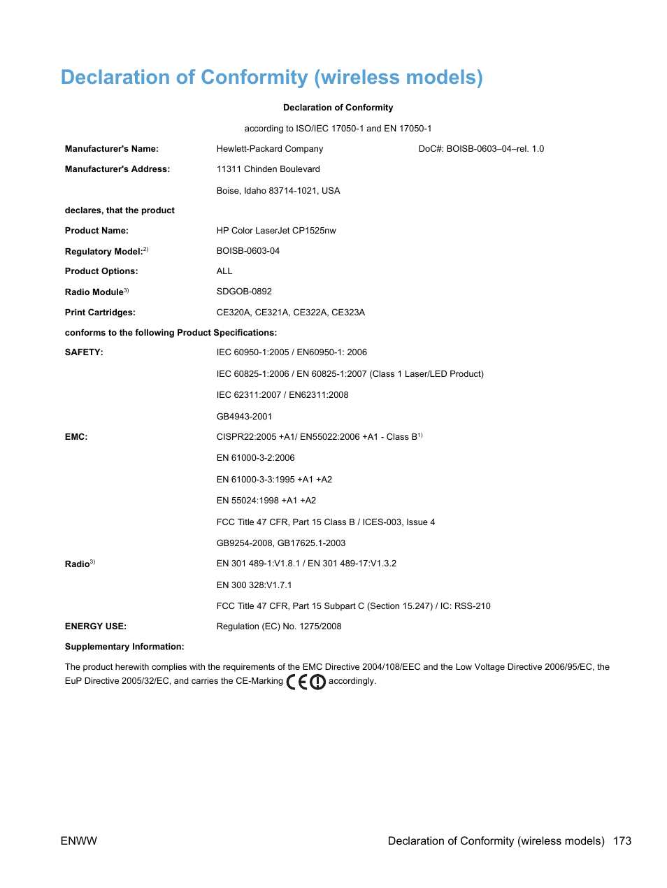 Declaration of conformity (wireless models) | HP LaserJet Pro CP1525nw Color Printer User Manual | Page 187 / 202