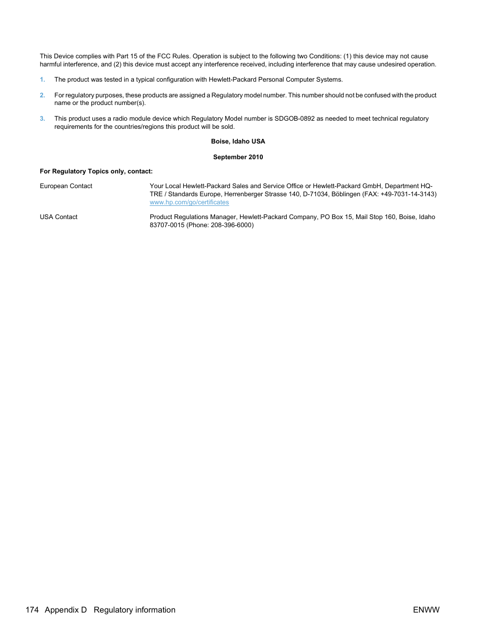 174 appendix d regulatory information enww | HP LaserJet Pro CP1525nw Color Printer User Manual | Page 188 / 202