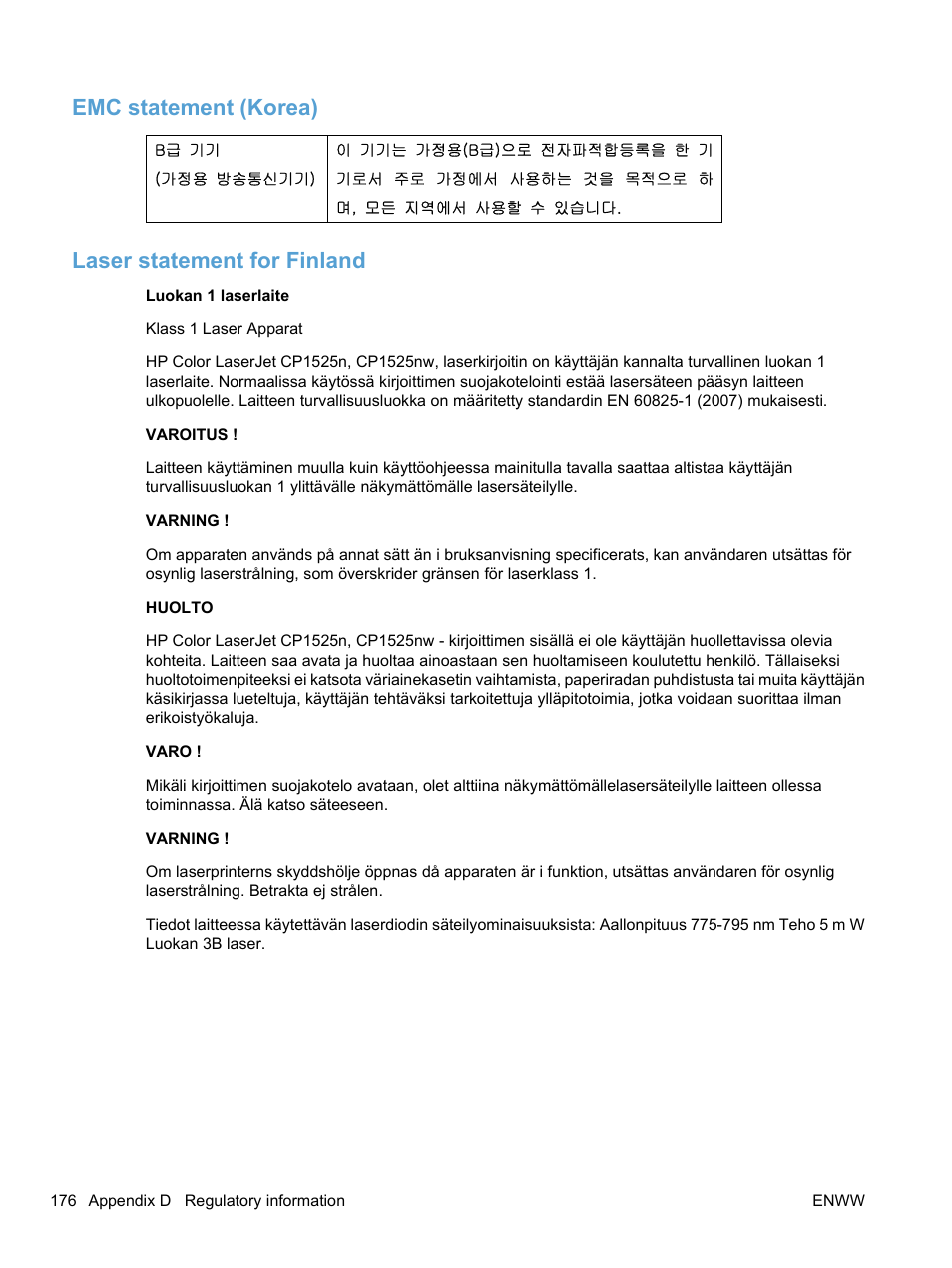 Emc statement (korea), Laser statement for finland, Emc statement (korea) laser statement for finland | HP LaserJet Pro CP1525nw Color Printer User Manual | Page 190 / 202