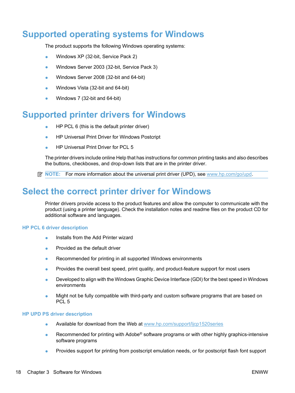 Supported operating systems for windows, Supported printer drivers for windows, Select the correct printer driver for windows | HP LaserJet Pro CP1525nw Color Printer User Manual | Page 32 / 202