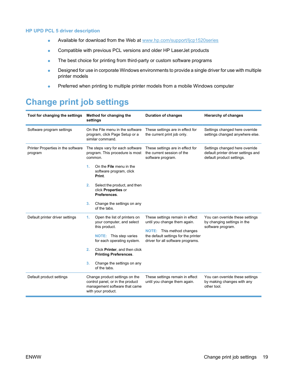 Change print job settings | HP LaserJet Pro CP1525nw Color Printer User Manual | Page 33 / 202