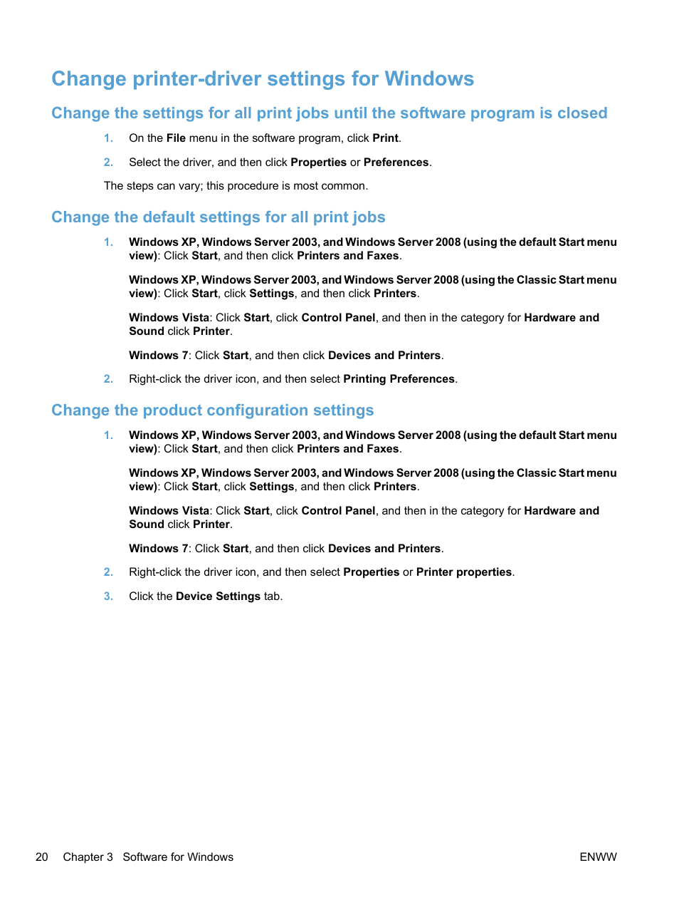 Change printer-driver settings for windows, Change the default settings for all print jobs, Change the product configuration settings | HP LaserJet Pro CP1525nw Color Printer User Manual | Page 34 / 202