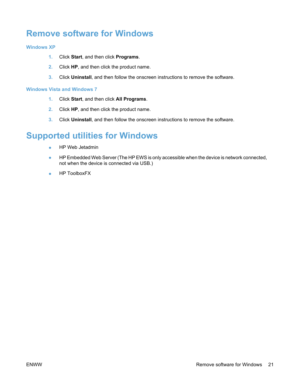 Remove software for windows, Supported utilities for windows | HP LaserJet Pro CP1525nw Color Printer User Manual | Page 35 / 202