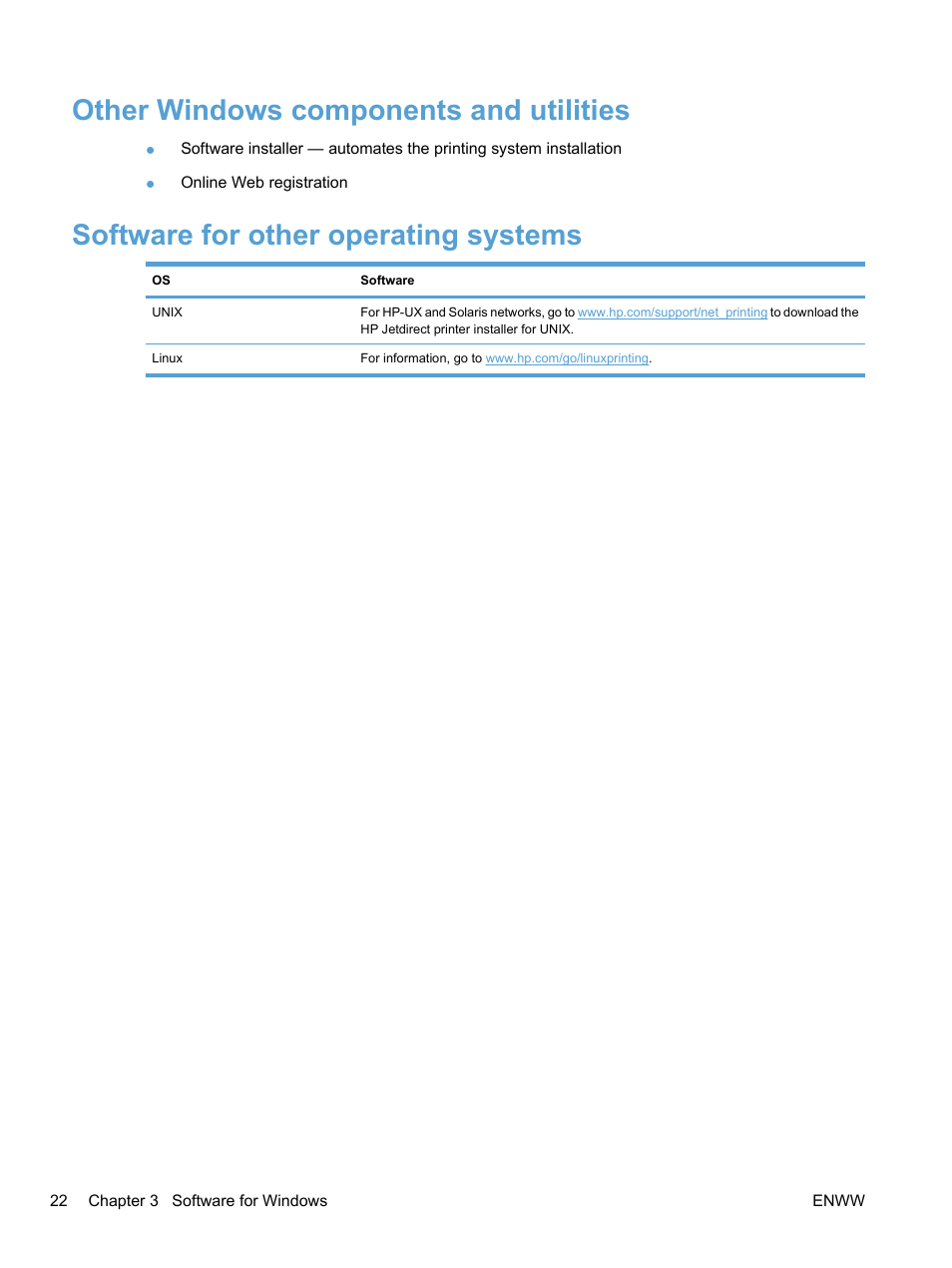 Other windows components and utilities, Software for other operating systems | HP LaserJet Pro CP1525nw Color Printer User Manual | Page 36 / 202