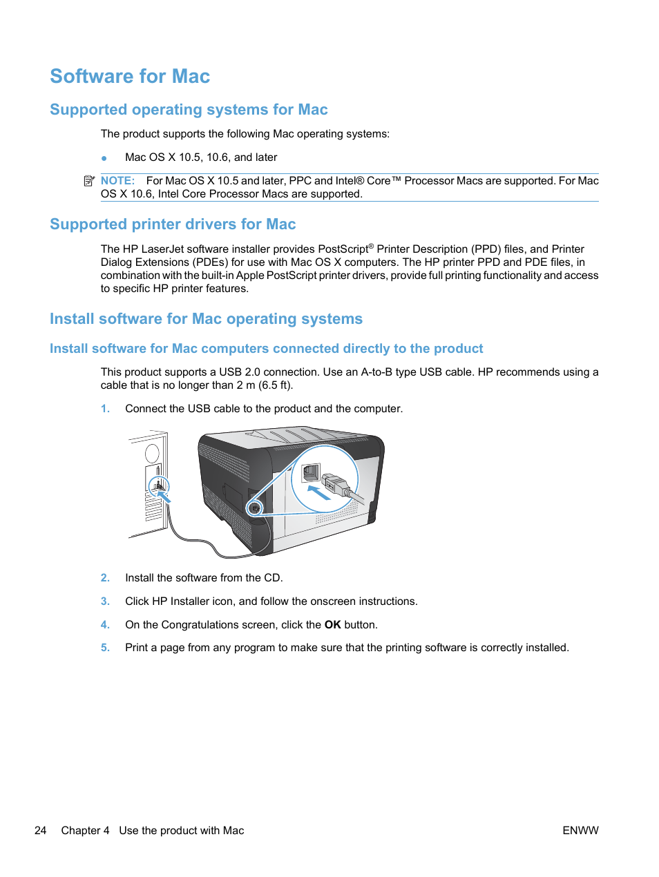 Software for mac, Supported operating systems for mac, Supported printer drivers for mac | Install software for mac operating systems | HP LaserJet Pro CP1525nw Color Printer User Manual | Page 38 / 202