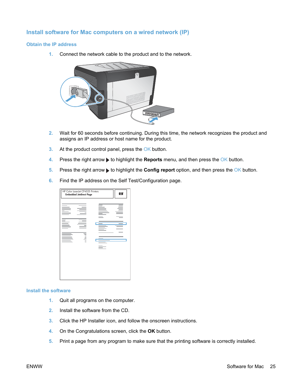 Obtain the ip address, Install the software, Obtain the ip address install the software | HP LaserJet Pro CP1525nw Color Printer User Manual | Page 39 / 202