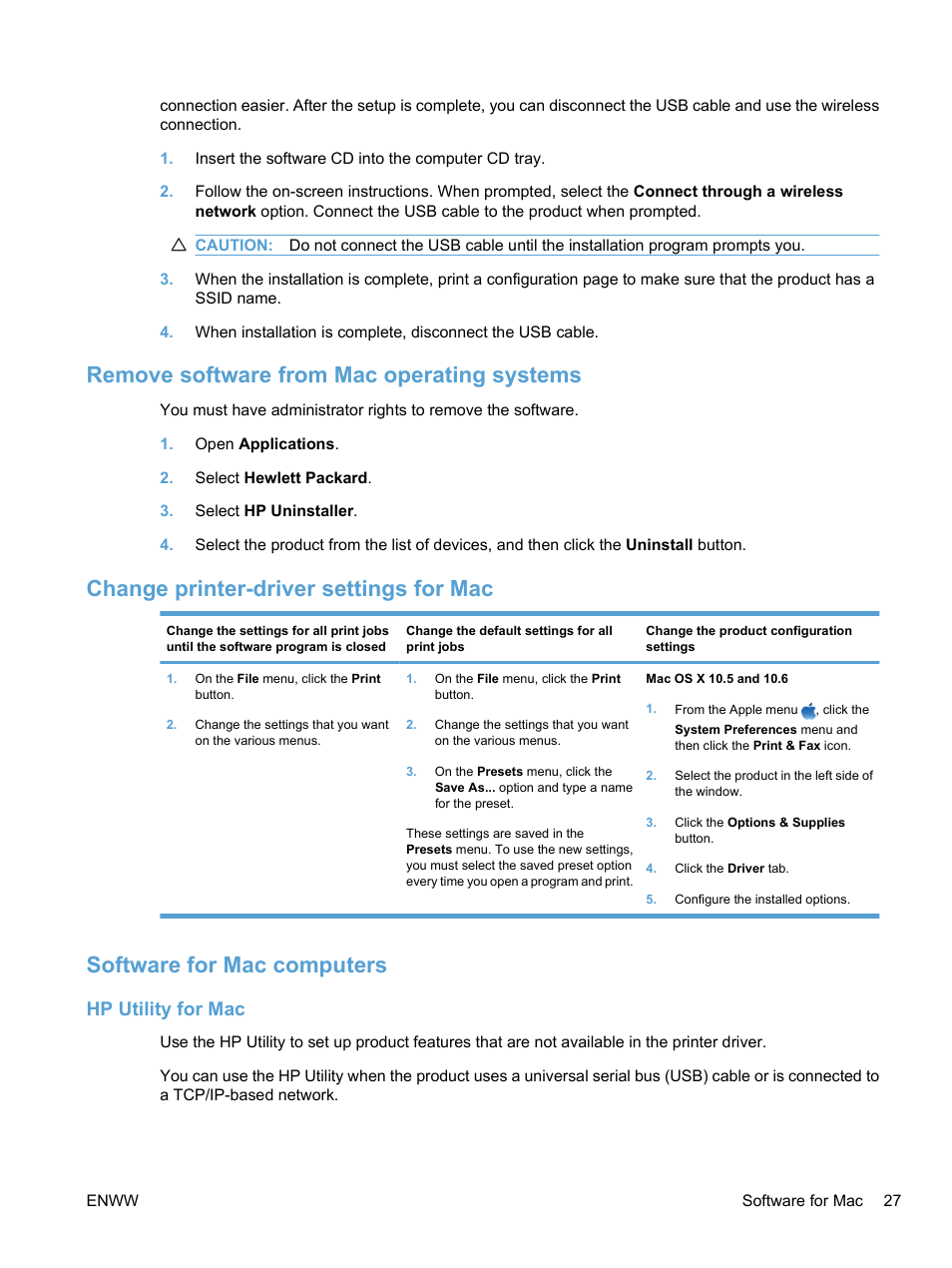 Remove software from mac operating systems, Change printer-driver settings for mac, Software for mac computers | Hp utility for mac | HP LaserJet Pro CP1525nw Color Printer User Manual | Page 41 / 202