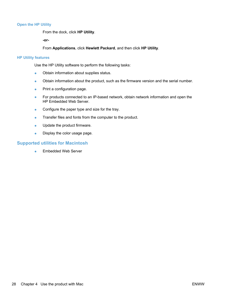 Open the hp utility, Hp utility features, Supported utilities for macintosh | Open the hp utility hp utility features | HP LaserJet Pro CP1525nw Color Printer User Manual | Page 42 / 202