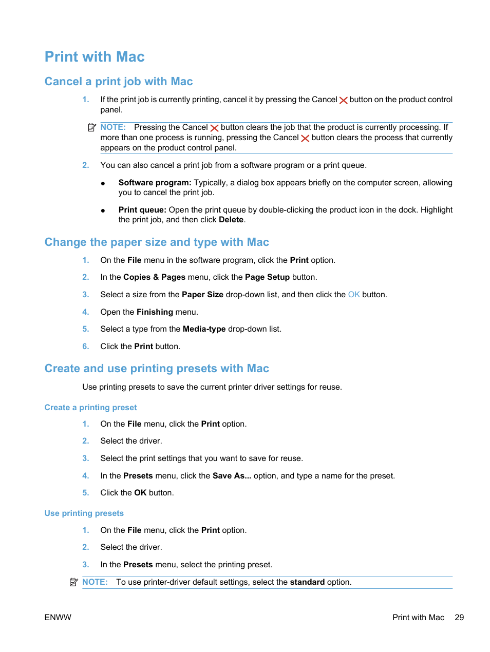 Print with mac, Cancel a print job with mac, Change the paper size and type with mac | Create and use printing presets with mac | HP LaserJet Pro CP1525nw Color Printer User Manual | Page 43 / 202