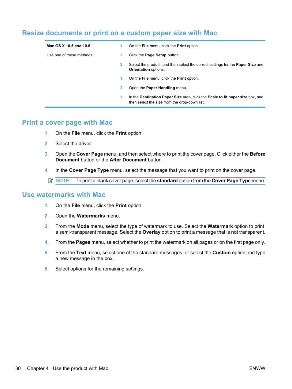 Use watermarks with mac, Print a cover page with mac | HP LaserJet Pro CP1525nw Color Printer User Manual | Page 44 / 202