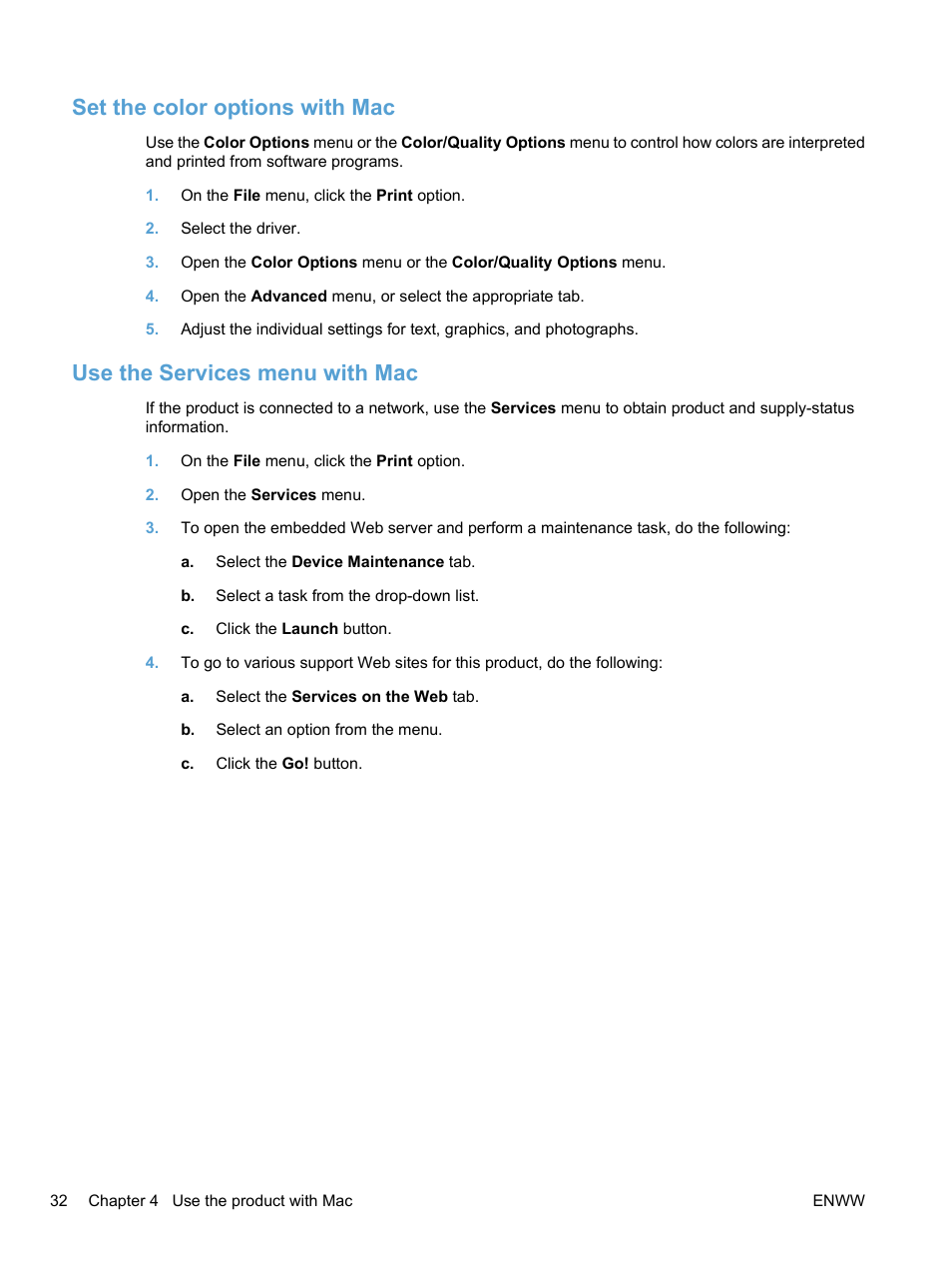 Set the color options with mac, Use the services menu with mac | HP LaserJet Pro CP1525nw Color Printer User Manual | Page 46 / 202