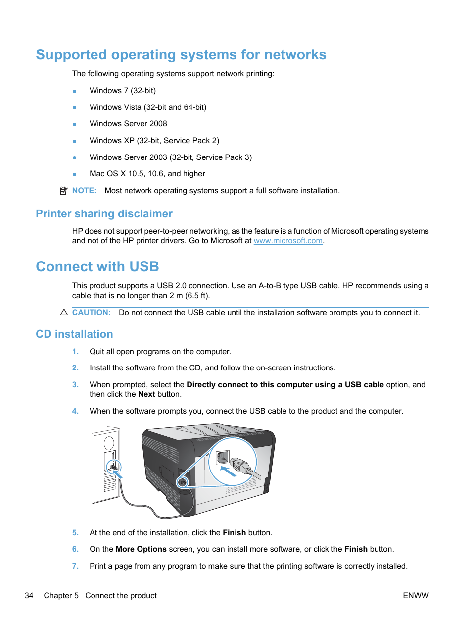 Supported operating systems for networks, Printer sharing disclaimer, Connect with usb | Cd installation | HP LaserJet Pro CP1525nw Color Printer User Manual | Page 48 / 202