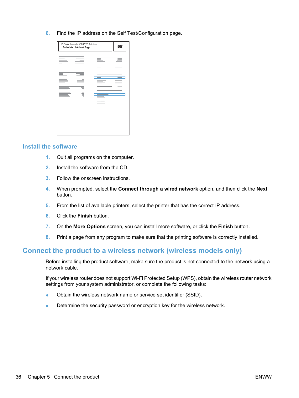 Install the software | HP LaserJet Pro CP1525nw Color Printer User Manual | Page 50 / 202