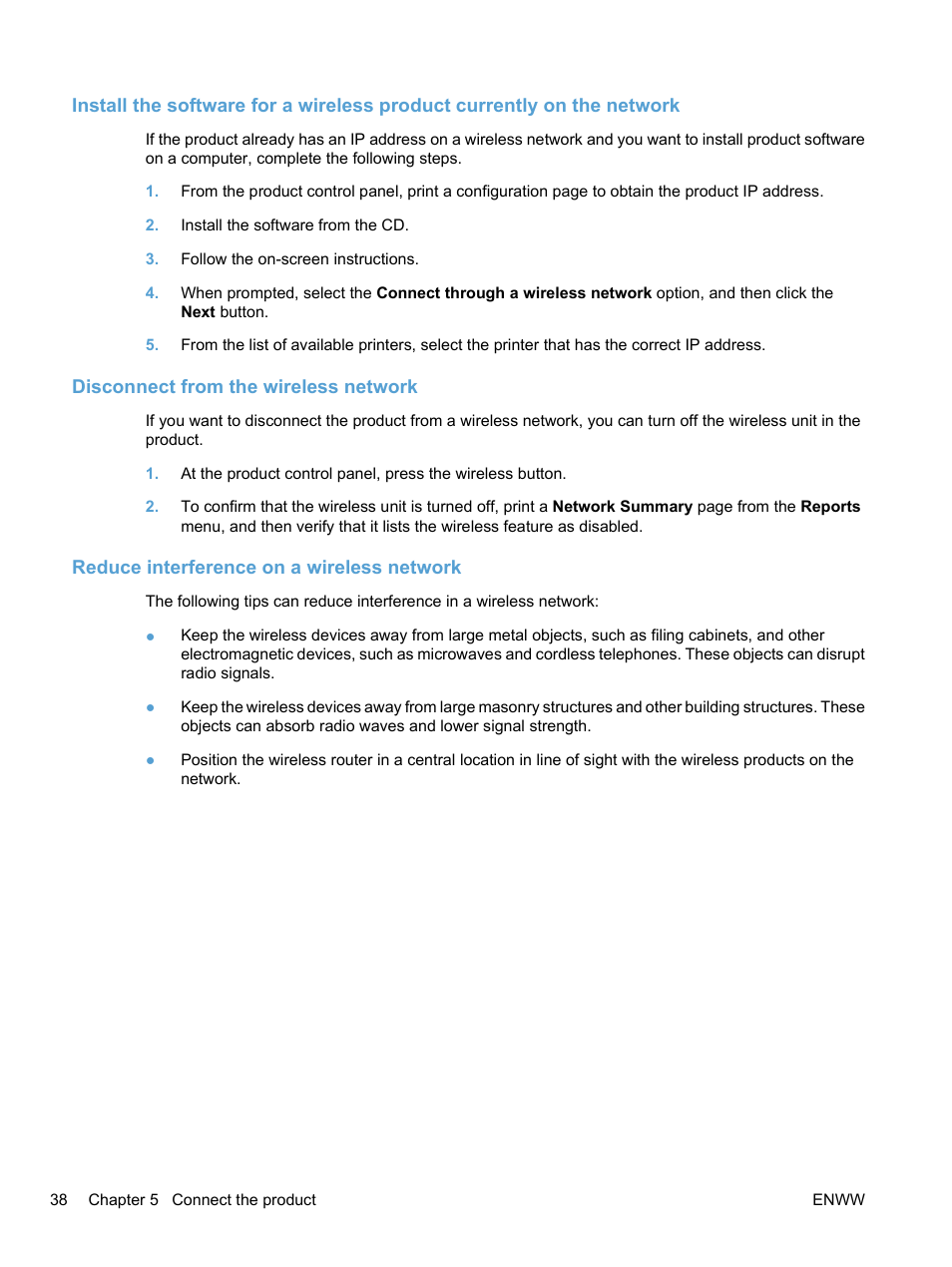 Disconnect from the wireless network, Reduce interference on a wireless network | HP LaserJet Pro CP1525nw Color Printer User Manual | Page 52 / 202