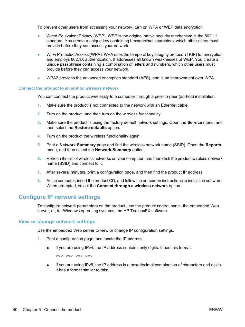 Connect the product to an ad-hoc wireless network, Configure ip network settings, View or change network settings | HP LaserJet Pro CP1525nw Color Printer User Manual | Page 54 / 202